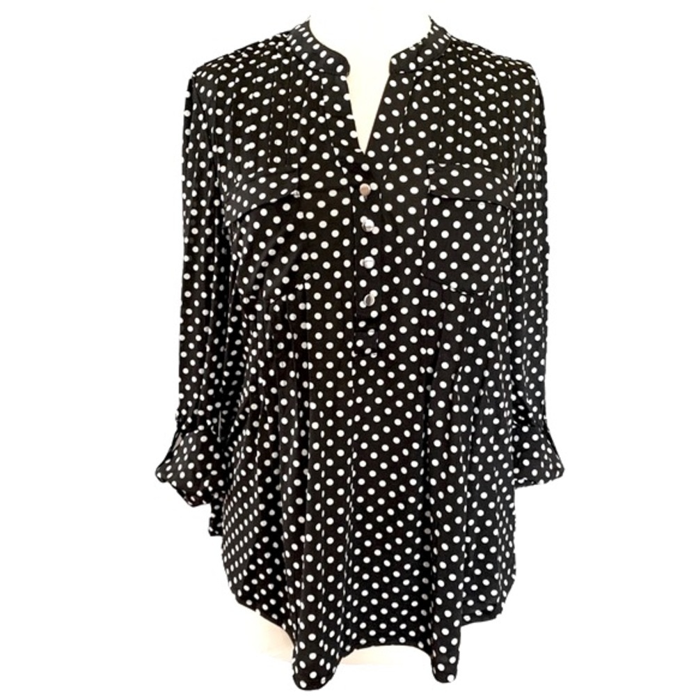 COCOMO Large Black White polka dot 3/4 sleeve women's Pintuck Top Blouse shirt